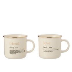 Lote de 2 tazas con inscripción de amigo y amor en cerámica blanca y dorada de 9 cm de altura