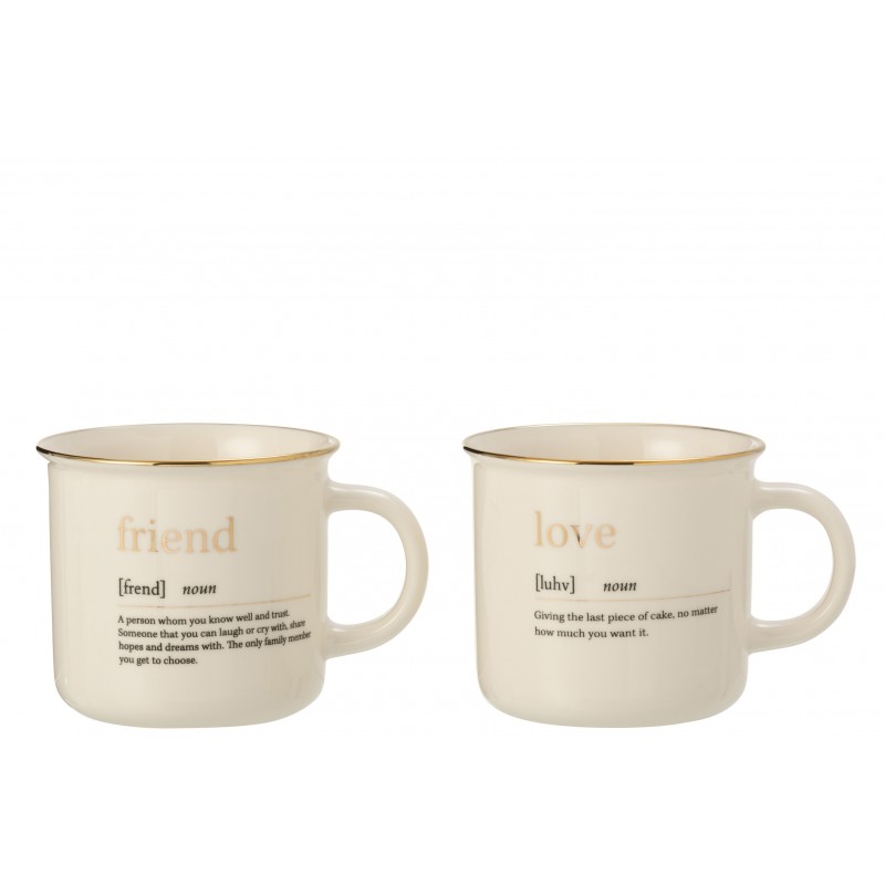 Lot de 2 mugs avec inscription friend et love en céramique blanche et or H9cm