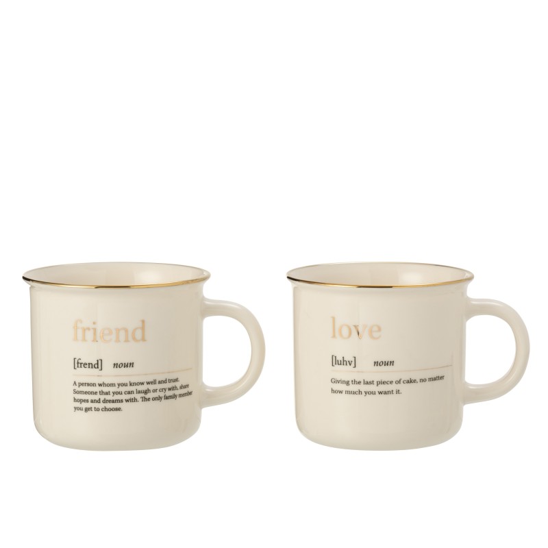 Lot de 2 mugs avec inscription friend et love en céramique blanche et or H9cm Lot de 2 mugs avec inscription friend et love en céramique blanche et or H9cm