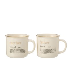 Lot de 2 mugs avec inscription mother et father en céramique blanche et or H9cm