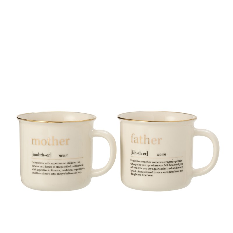 Lot de 2 mugs avec inscription mother et father en céramique blanche et or H9cm Lot de 2 mugs avec inscription mother et father en céramique blanche et or H9cm