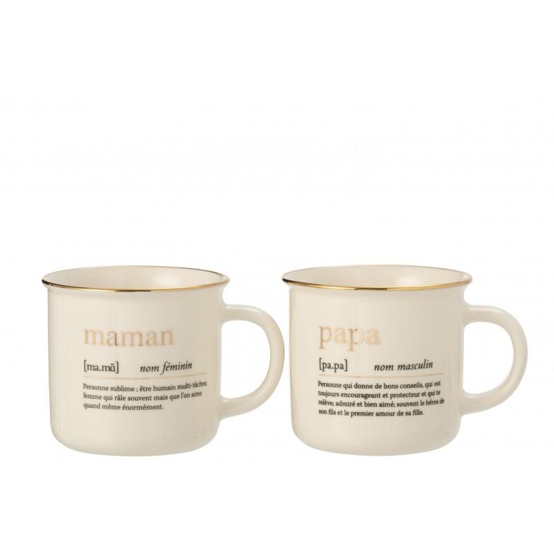 Lot de 2 mugs avec inscription maman et papa en céramique blanche et or H9cm