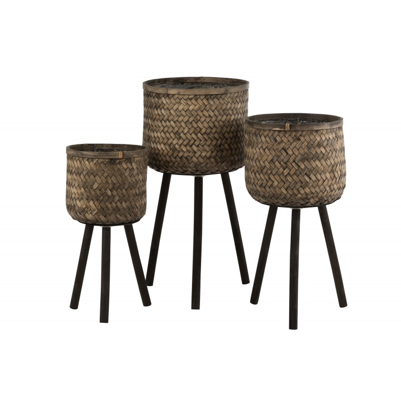 Set 3 cache pots à trépied en bambou gris avec rotation intérieures