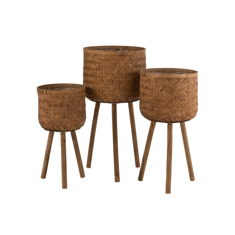 Set di 3 fioriere su base in legno naturale 37x37x75 cm Set di 3 fioriere su base in legno naturale 37x37x75 cm