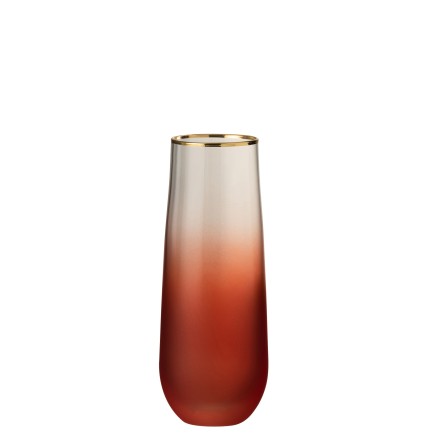 Jarrón cilíndrico pequeño de cristal rojo degradado con borde dorado 15x4x4 cm