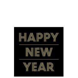 Lot de 20 serviettes happy new year en papier noir et or 16.5x16.5