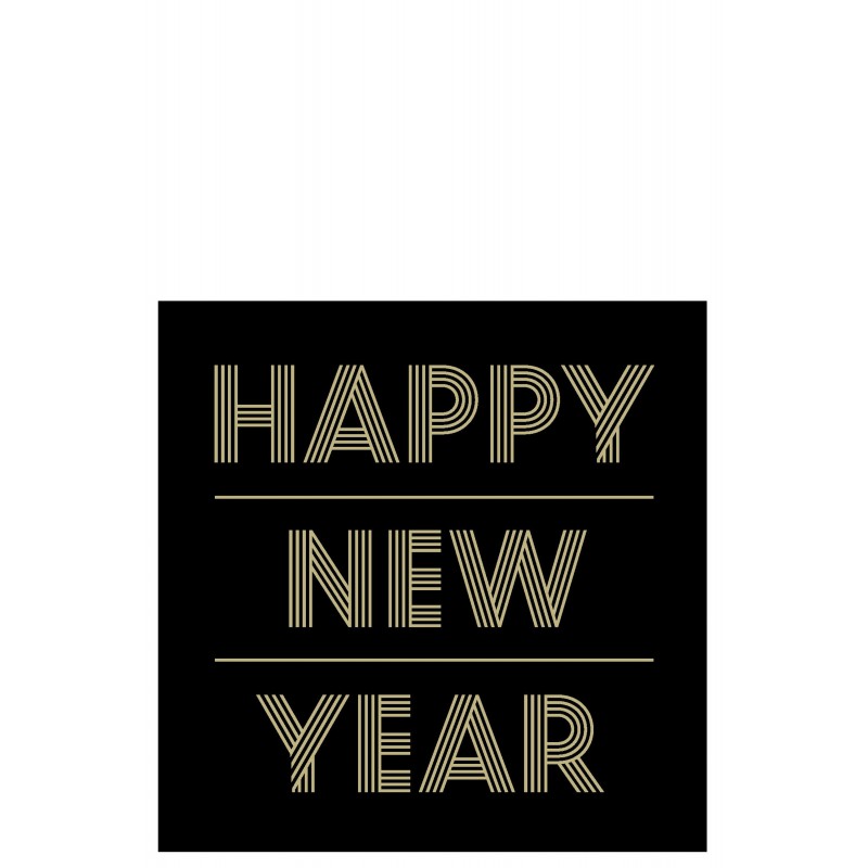 Lote de 20 servilletas de papel negro y dorado con el mensaje 'Feliz Año Nuevo' de 16.5x16.5