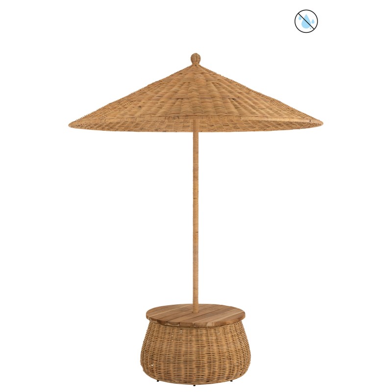 PARASOL + TABLE + PANIER DE RANGEMENT ROTIN/TECK NATUREL
