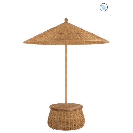PARASOL + TABLE + PANIER DE RANGEMENT ROTIN/TECK NATUREL