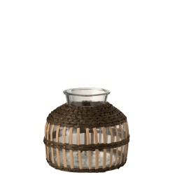 Vase boule en verre avec décoration bois 27x26 cm