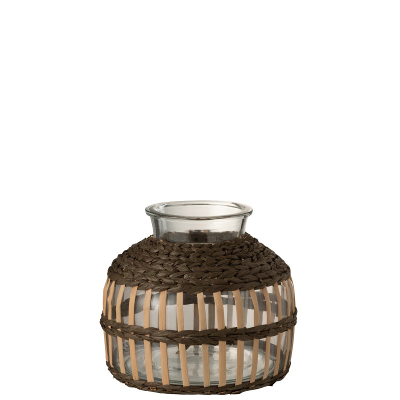 Vase boule en verre avec décoration bois 27x26 cm Vase boule en verre avec décoration bois 27x26 cm
