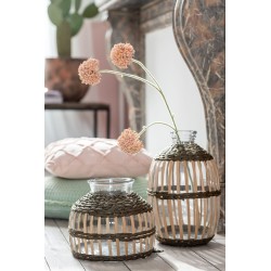 Vase boule en verre avec décoration bois 27x26 cm