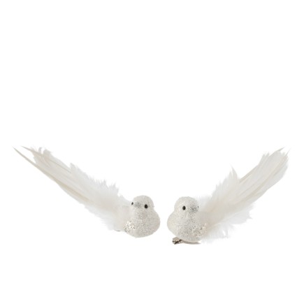 Set de 2 oiseaux à clips en Plumes Blanc 15,5x7x5,5cm