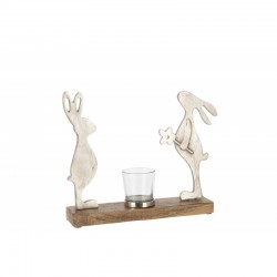 Photophore sur bois de manguier avec lapins en métal blanc 28x5x22cm