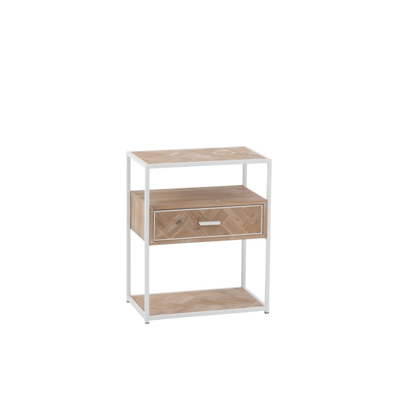 Mueble auxiliar con 1 cajón de madera natural y metal blanco 50x30x61cm.