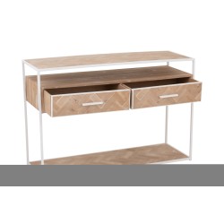 Consola con cajones de madera natural y metal blanco 120x40x80cm