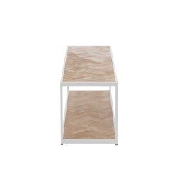Mesa de centro de madera natural y metal blanco de 150x40x44cm.