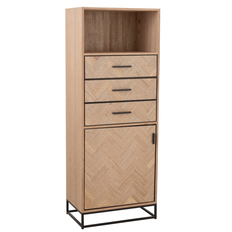 Armoire haute 3 tiroirs et 1 porte en bois naturel et métal noir 62x38x158cm