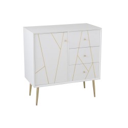 Armoire basse 1 porte et 3 tiroirs en bois et métal blanc et or 80x40x83cm