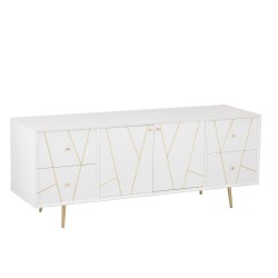 Mueble bajo con 4 cajones y 2 puertas de madera blanca y metal dorado de 150x45x60cm.