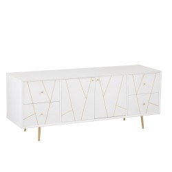 DRESSOIR RAYURES 4 TIROIRS 2 PORTES BOIS/METAL BLANC/OR