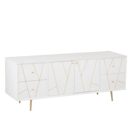Mueble bajo con 4 cajones y 2 puertas de madera blanca y metal dorado de 150x45x60cm.