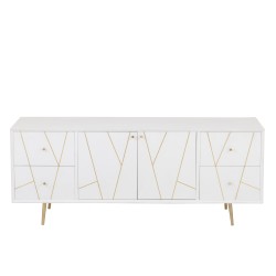Mueble bajo con 4 cajones y 2 puertas de madera blanca y metal dorado de 150x45x60cm.