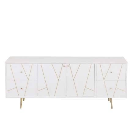 Mueble bajo con 4 cajones y 2 puertas de madera blanca y metal dorado de 150x45x60cm.