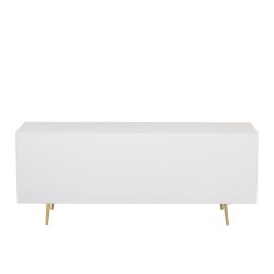 Mueble bajo con 4 cajones y 2 puertas de madera blanca y metal dorado de 150x45x60cm.