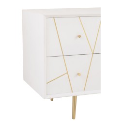 Mueble bajo con 4 cajones y 2 puertas de madera blanca y metal dorado de 150x45x60cm.