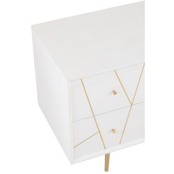 Mueble bajo con 4 cajones y 2 puertas de madera blanca y metal dorado de 150x45x60cm.