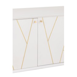 Mueble bajo con 4 cajones y 2 puertas de madera blanca y metal dorado de 150x45x60cm.