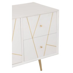 Mueble bajo con 4 cajones y 2 puertas de madera blanca y metal dorado de 150x45x60cm.