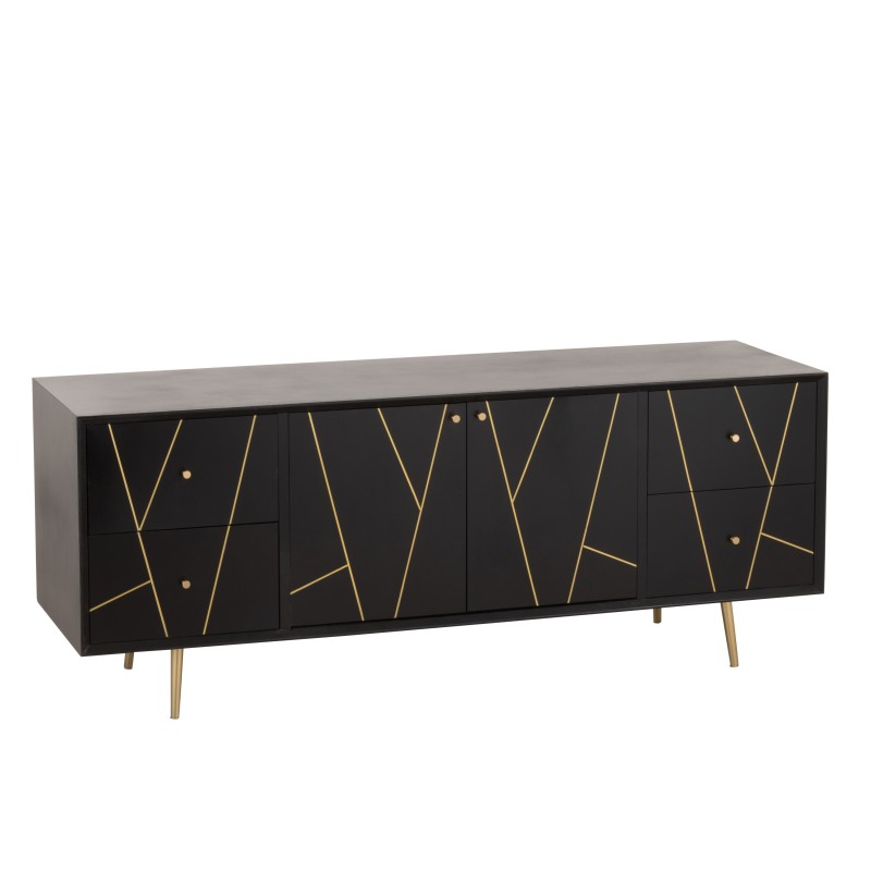 Meuble bas 4 tiroirs et 2 portes en bois noir et métal or 150x45x60cm Meuble bas 4 tiroirs et 2 portes en bois noir et métal or 150x45x60cm