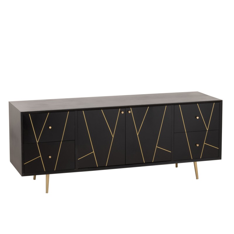 DRESSOIR RAYURES 4 TIROIRS 2 PORTES BOIS/METAL NOIR/OR