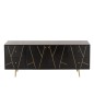 Meuble bas 4 tiroirs et 2 portes en bois noir et métal or 150x45x60cm Meuble bas 4 tiroirs et 2 portes en bois noir et métal or 150x45x60cm