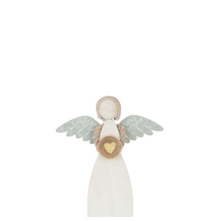 Ange avec coeur en bois et métal blanc 23x3x26cm