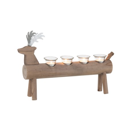 Photophore cerf 4 supports en bois brun 47x11x29cm