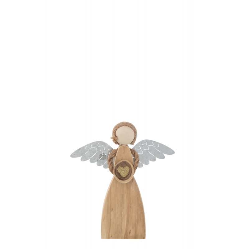 Ángel con corazón de madera y metal marrón 23x3x26cm