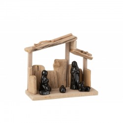 Crèche de Noël en bois naturel avec personnage en céramique noir