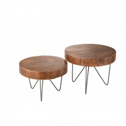 Conjunto de 2 mesas de madera de paulownia marrón de 49 y 43 cm de diámetro