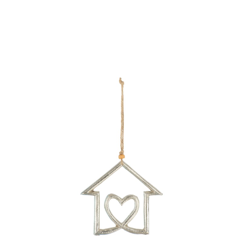 Maison avec coeur suspendu en aluminium argent 12x1x23cm