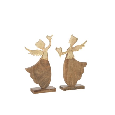 Lot de 2 anges avec coeur et oiseau en bois et aluminium argent 21x5x33cm