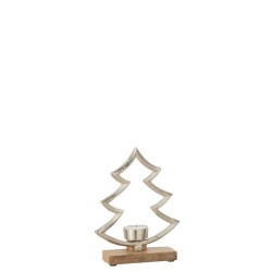 Bougeoir sapin aluminium sur base bois naturel 16x5x21cm