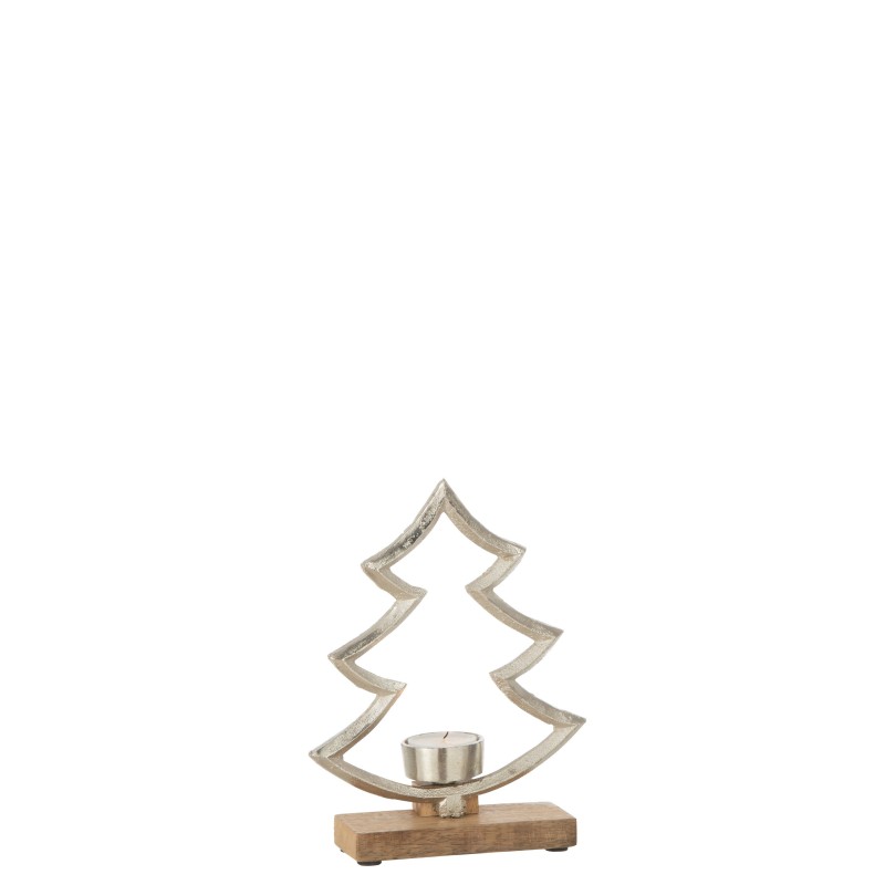 Bougeoir sapin aluminium sur base bois naturel 16x5x21cm