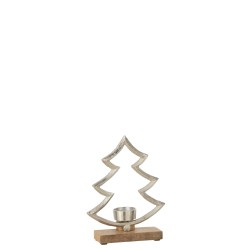 Candelabro de árbol de aluminio con base de madera natural 16x5x21cm