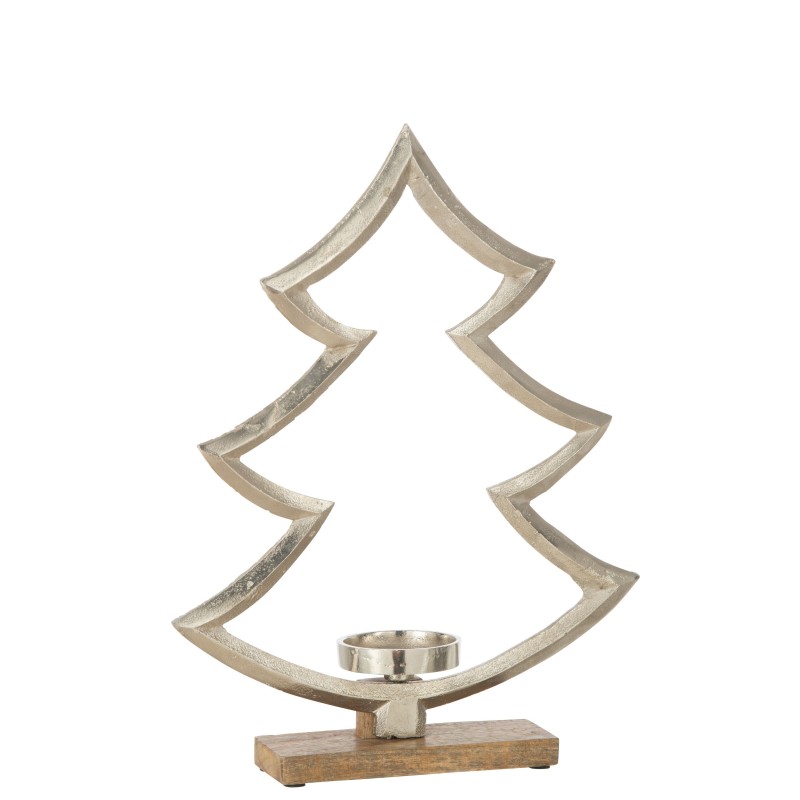 Bougeoir sapin aluminium sur base bois naturel 23x7x30cm