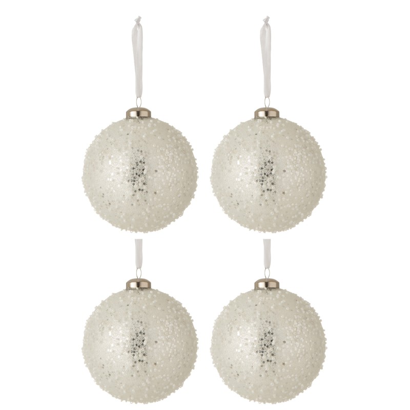 Boite de 4 boules de Noël perlées en verre blanc et argent