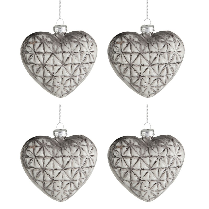 Boite de 4 boules de Noël en forme de coeur et imprimé en verre