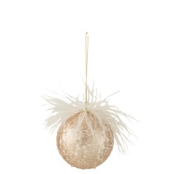 Boule de Noël avec plumes et paillettes en plastique saumon D7cm